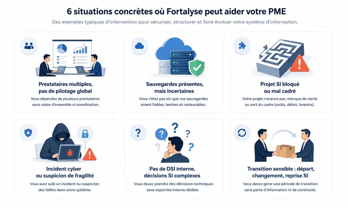 Six situations concrètes où Fortalyse peut aider une PME : prestataires multiples, sauvegardes incertaines, projet SI bloqué, incident cyber, absence de DSI interne et transition sensible