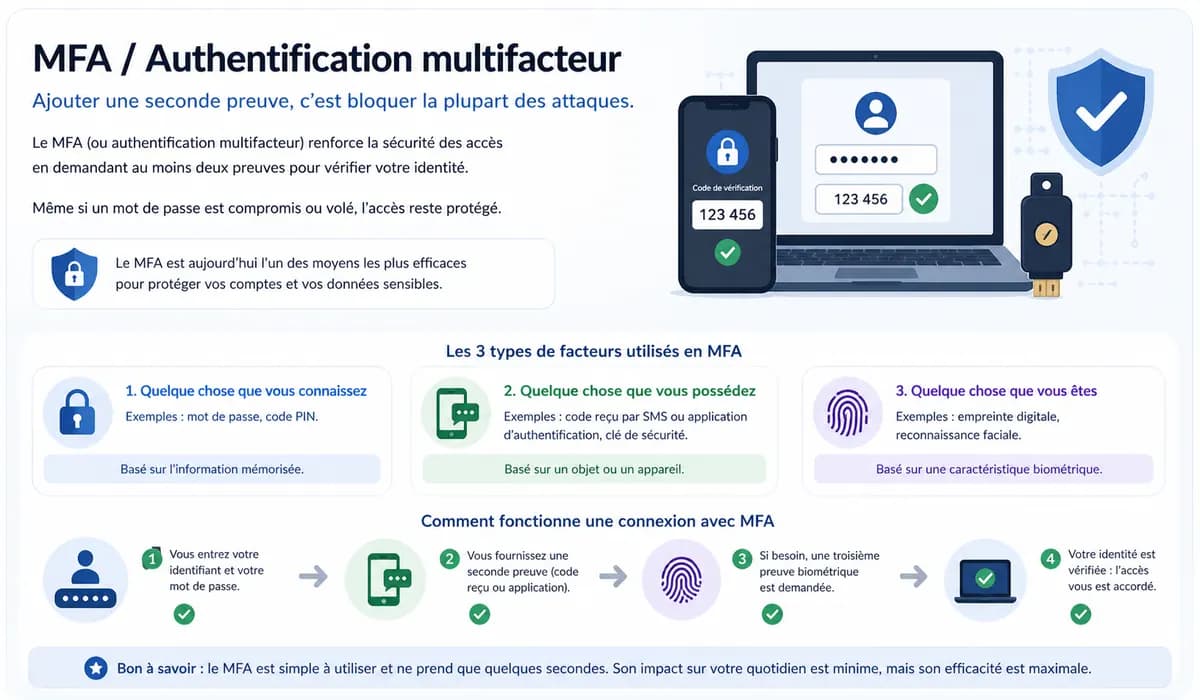 Infographie expliquant le principe de l’authentification multifacteur MFA avec mot de passe, code de vérification et preuve complémentaire