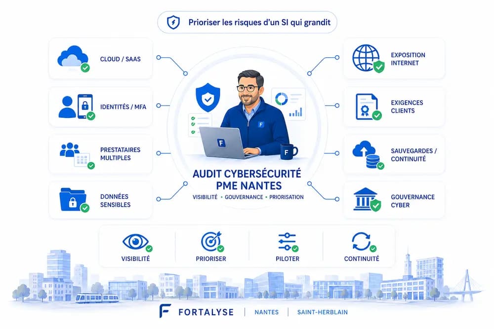 Audit cybersécurité pour PME à Nantes : accès, cloud, prestataires, sauvegardes, exposition Internet, exigences clients et continuité