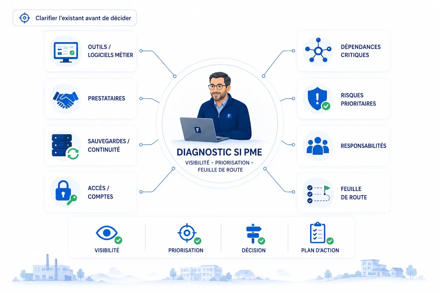 Schéma de diagnostic SI PME Fortalyse : outils, prestataires, sauvegardes, accès, dépendances, risques, responsabilités et feuille de route