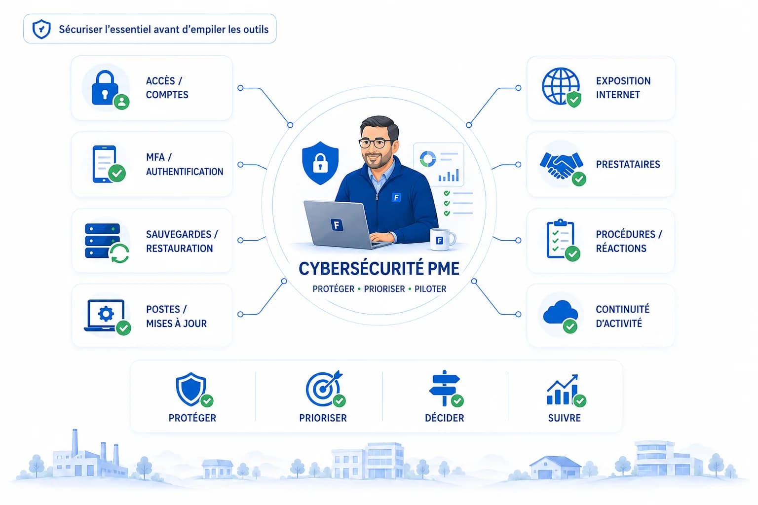 Schéma de cybersécurité PME Fortalyse : accès, MFA, sauvegardes, exposition internet, prestataires, procédures et continuité d’activité