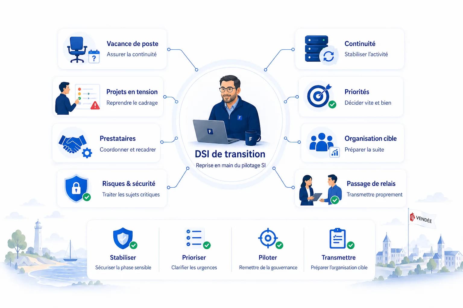 Schéma de DSI de transition Fortalyse pour PME : stabiliser, reprendre le pilotage, sécuriser les priorités et préparer la suite