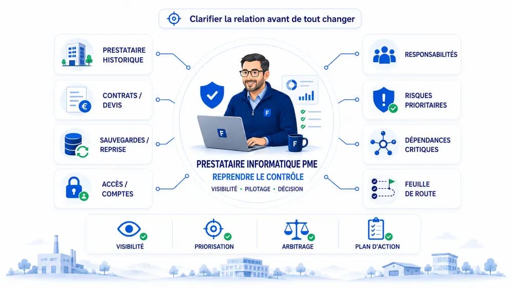 Dirigeant de PME reprenant le contrôle de son système d’information avec un regard indépendant sur les prestataires, les sauvegardes, les accès et les risques