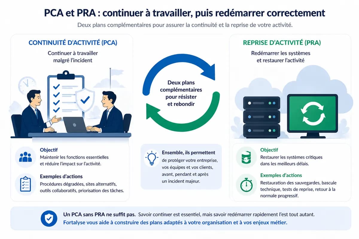 Schéma PRA PCA Fortalyse : continuité d’activité, reprise d’activité, sauvegardes, restauration et organisation de crise pour PME